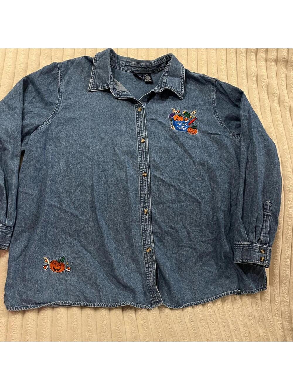 Vintage Basic Editions Blue Button Down Shirt Halloween Embroidery Women Size 2X